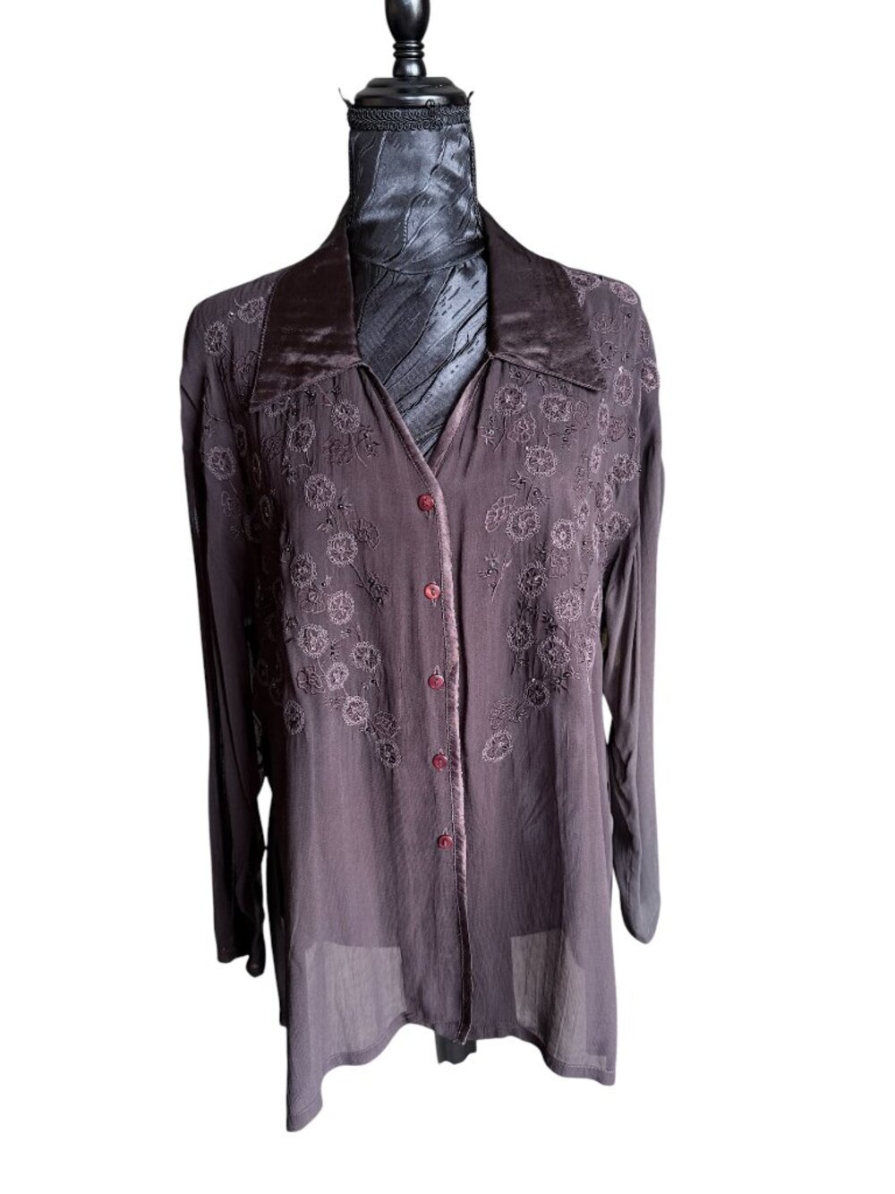 VTG Contempo Casuals Sheer Floral Embroidered Beaded Blouse Medium Brown